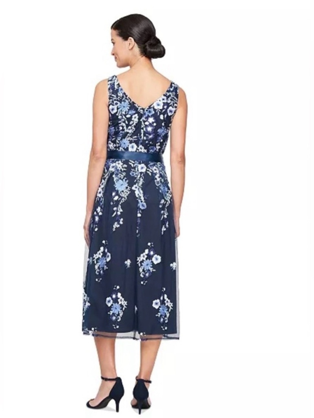 Alex Evenings Navy Blue Floral Midi Dress with Satin Ribbon - Picture 2 of 14